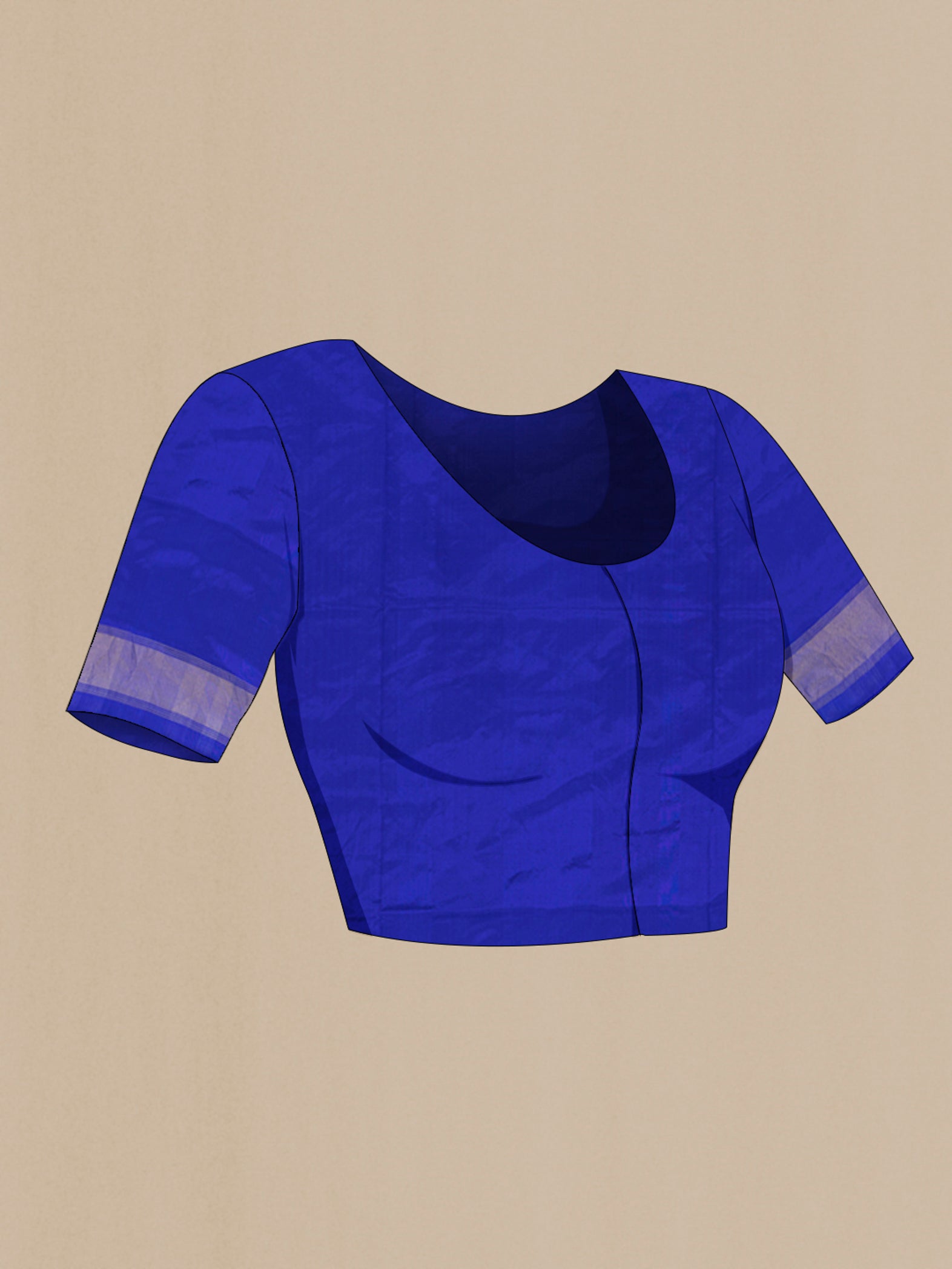 Close up image of the blouse of Royal Blue Pochampally Silk Saree with Ikat design on the body and Zari Border. 