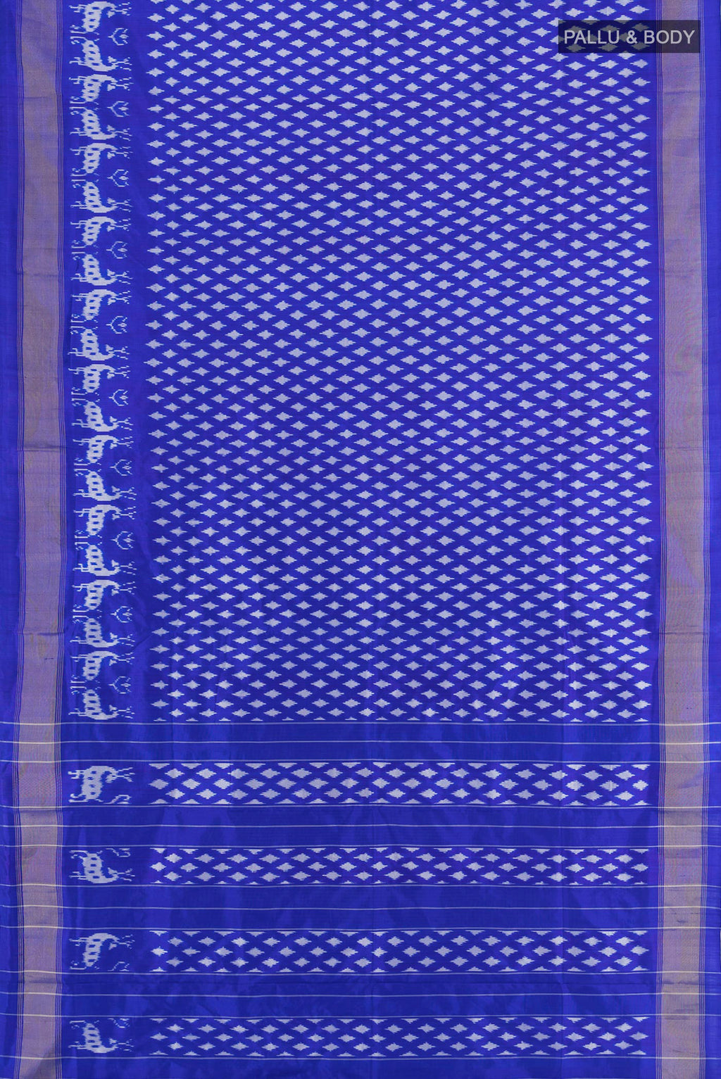 Flat view of Royal Blue Pochampally Silk Saree with Ikat design on the body and Zari Border. 