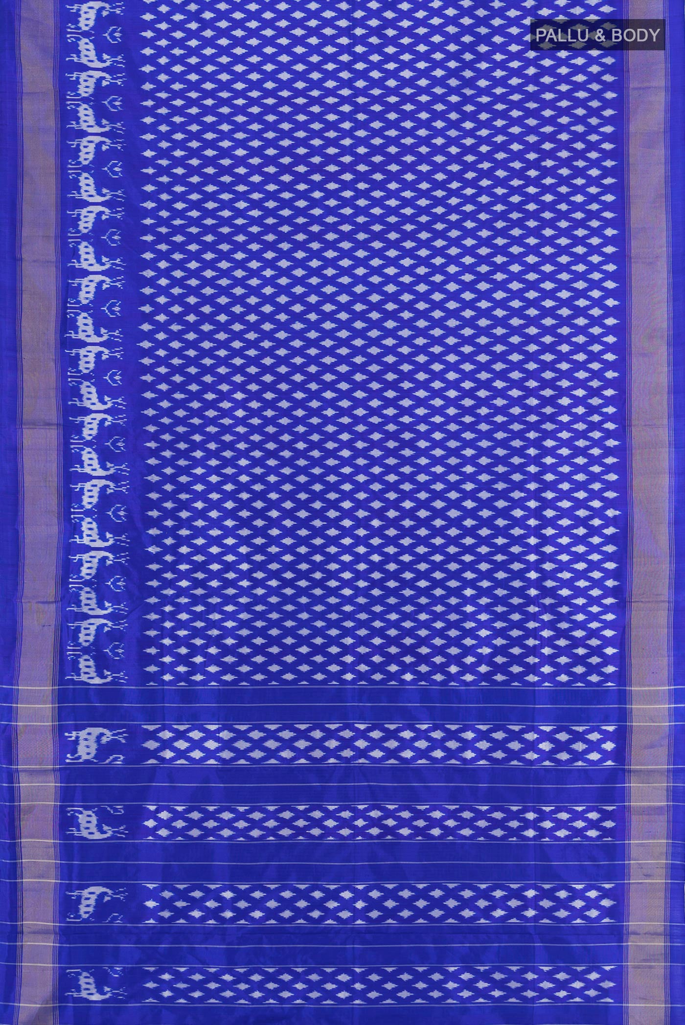 Flat view of Royal Blue Pochampally Silk Saree with Ikat design on the body and Zari Border. 
