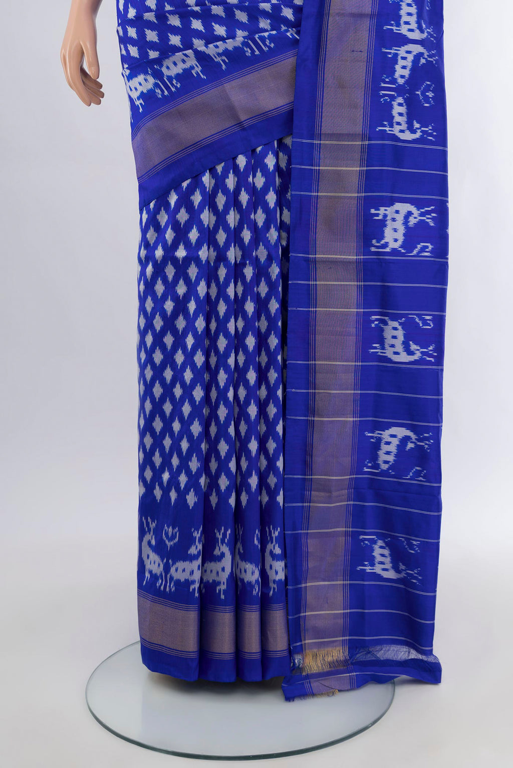 Pleats and pallu of Royal Blue Pochampally Silk Saree with Ikat design on the body and Zari Border. 