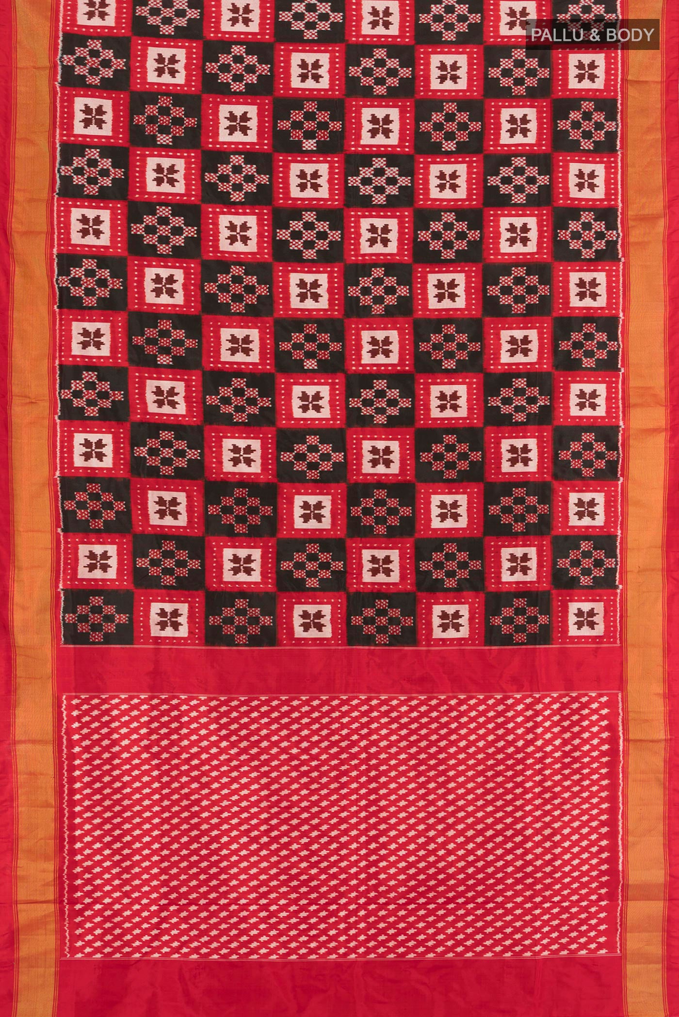 Flat view of Multi Color Pochampally Silk Saree with Pure Ikat on the body and Zari Border. 