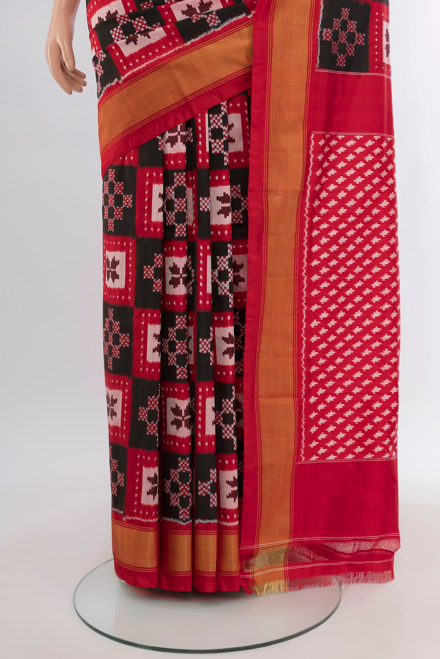 Pleats and pallu of Multi Color Pochampally Silk Saree with Pure Ikat on the body and Zari Border. 