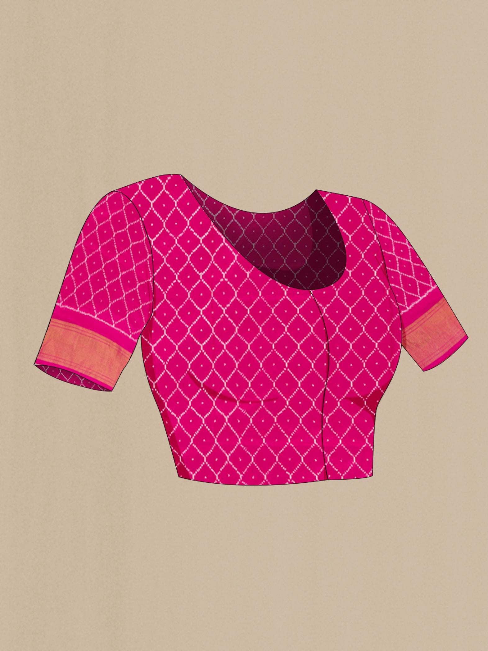 Close up image of the blouse of Pink Pochampally Silk Saree with Ikat design on the body and Zari Border. 