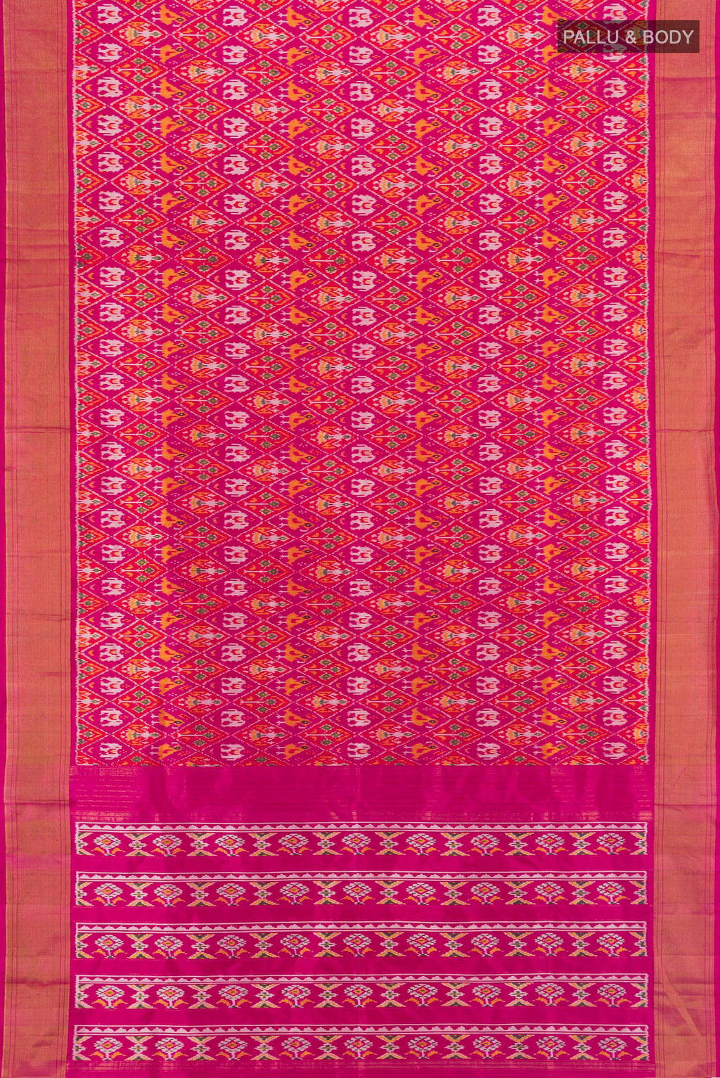 Flat view of Pink Pochampally Silk Saree with Ikat design on the body and Zari Border. 