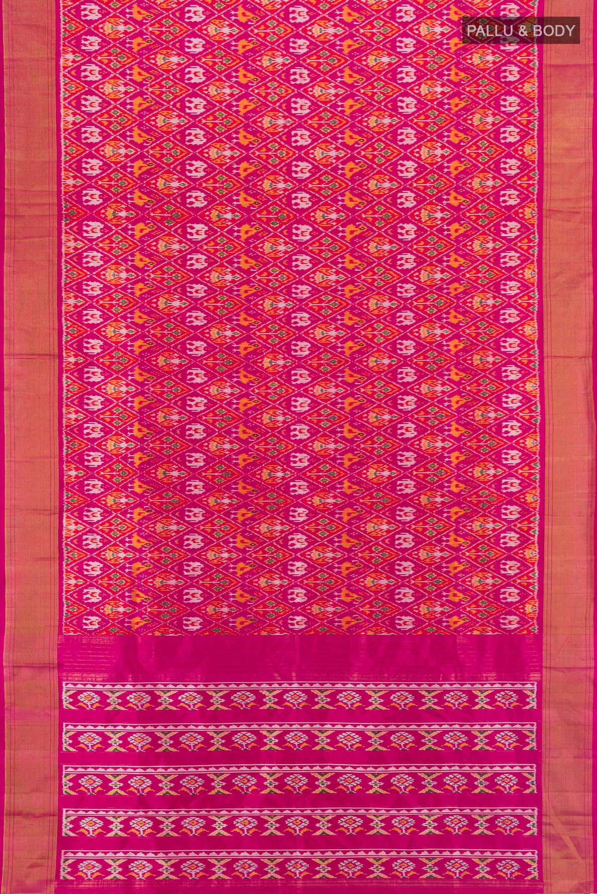 Flat view of Pink Pochampally Silk Saree with Ikat design on the body and Zari Border. 