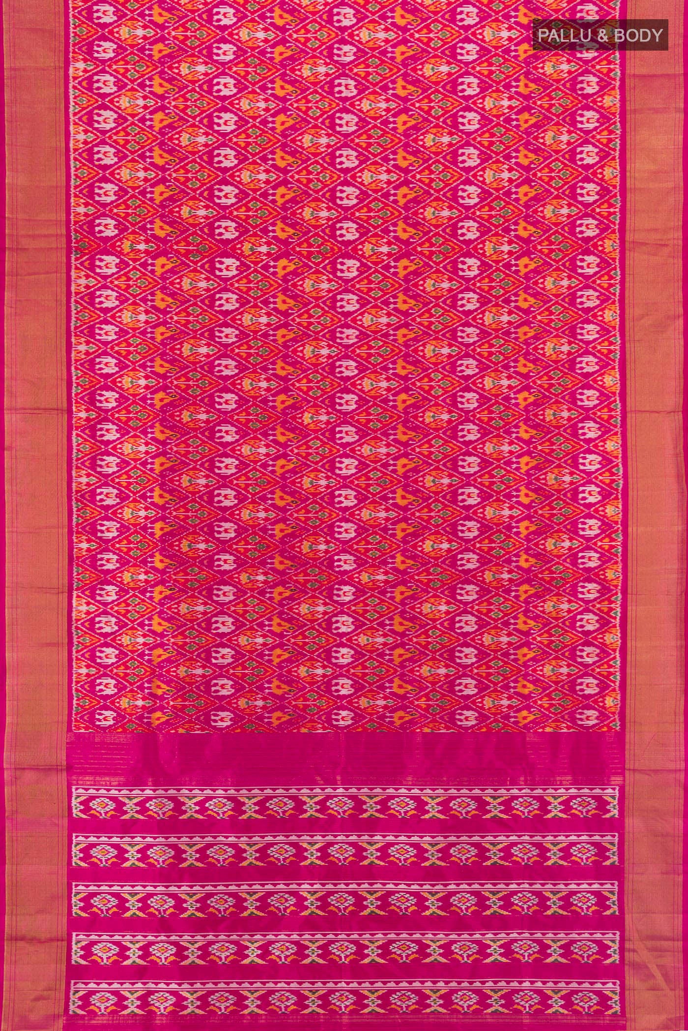 Flat view of Pink Pochampally Silk Saree with Ikat design on the body and Zari Border. 