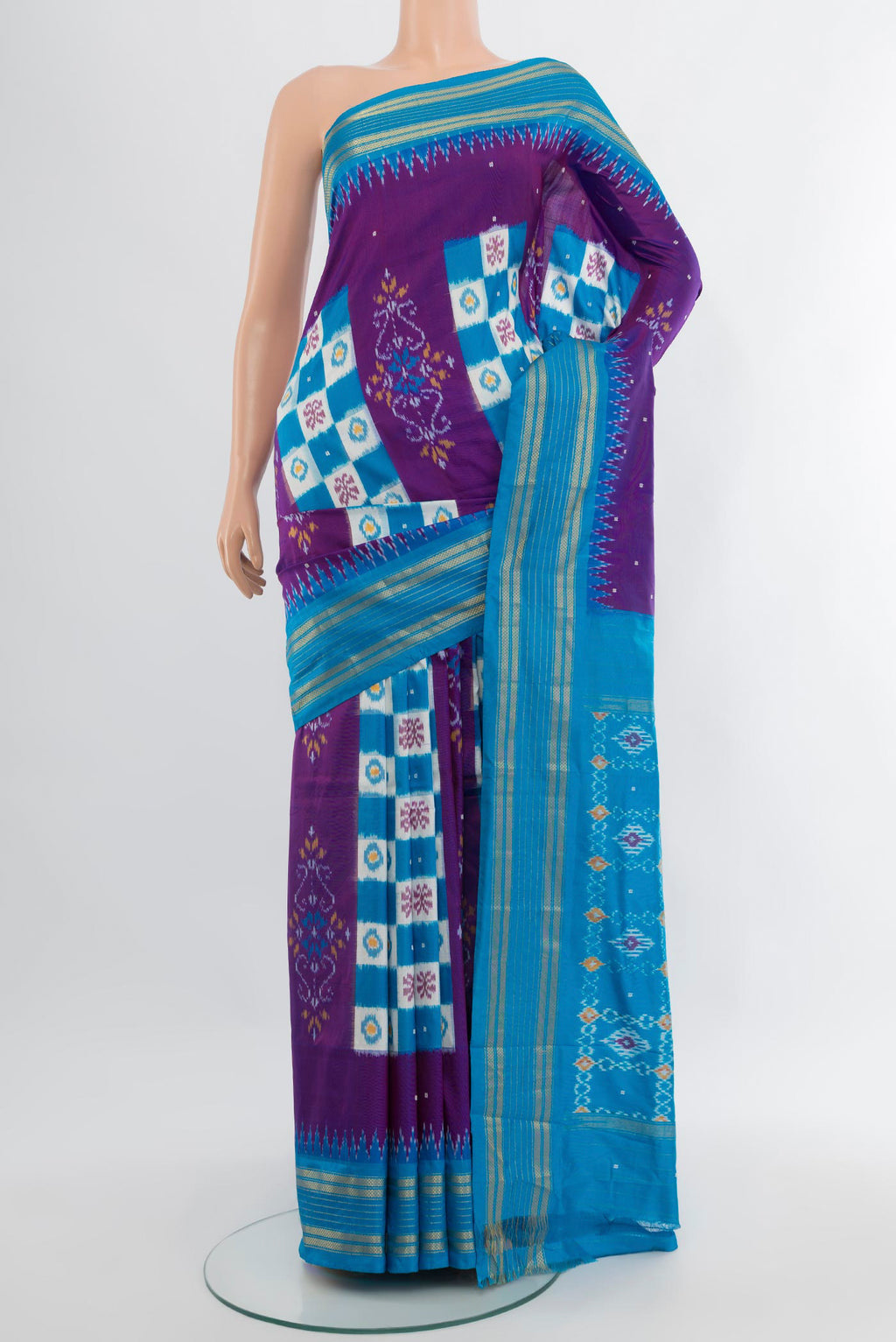 Purple Pochampally Silk Saree with Pure Ikat on the body and Zari Border.  displayed on a mannequin