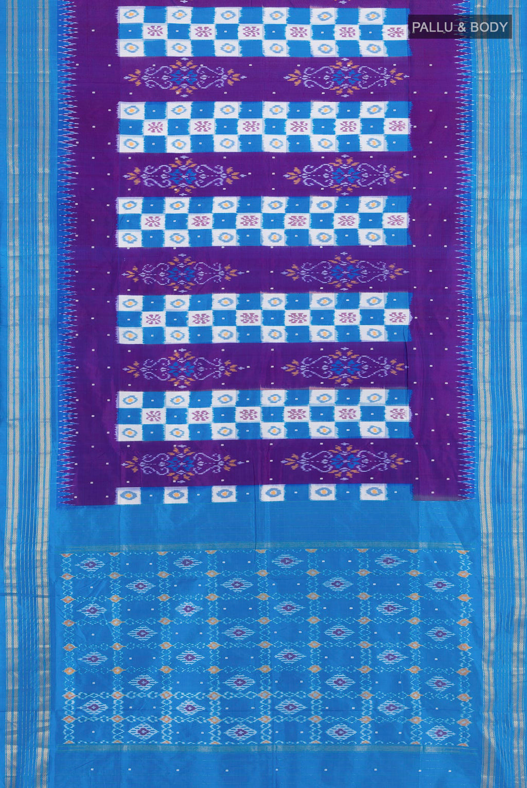 Flat view of Purple Pochampally Silk Saree with Pure Ikat on the body and Zari Border. 