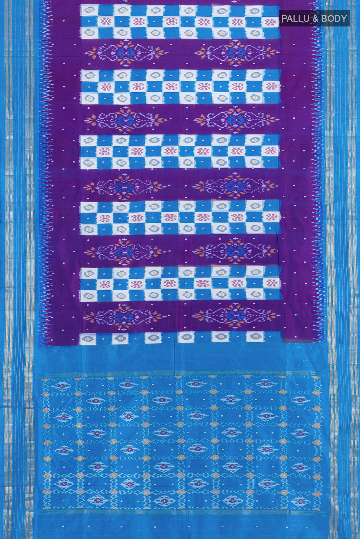 Flat view of Purple Pochampally Silk Saree with Pure Ikat on the body and Zari Border. 