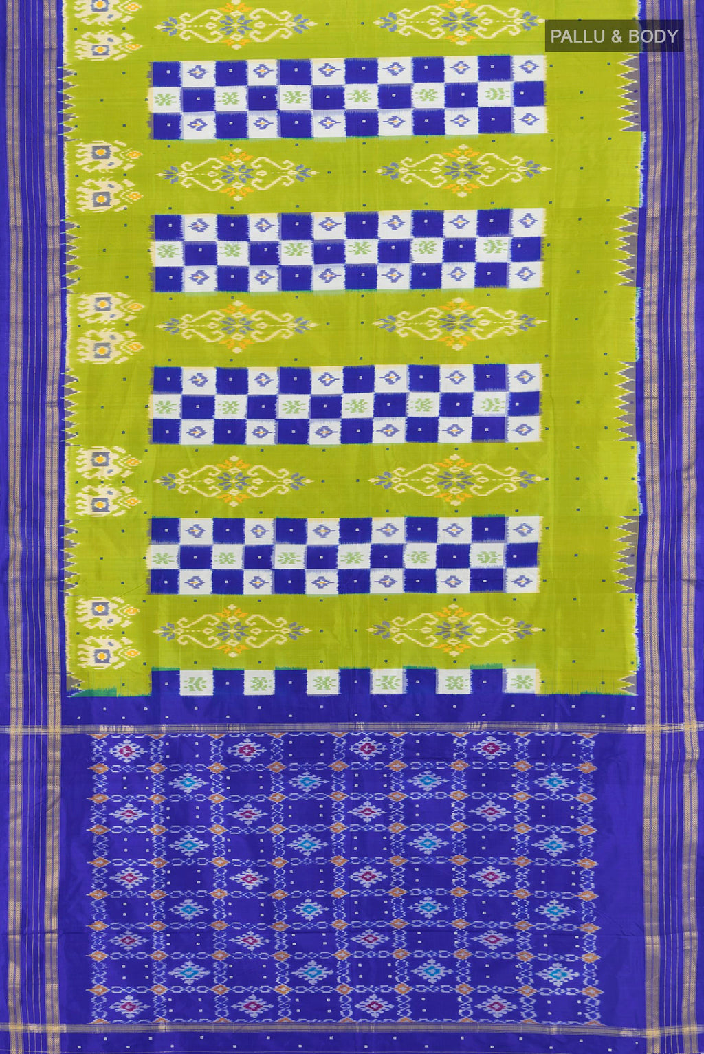 Flat view of Parrot Green Pochampally Silk Saree with Pure Ikat on the body and Zari Border. 