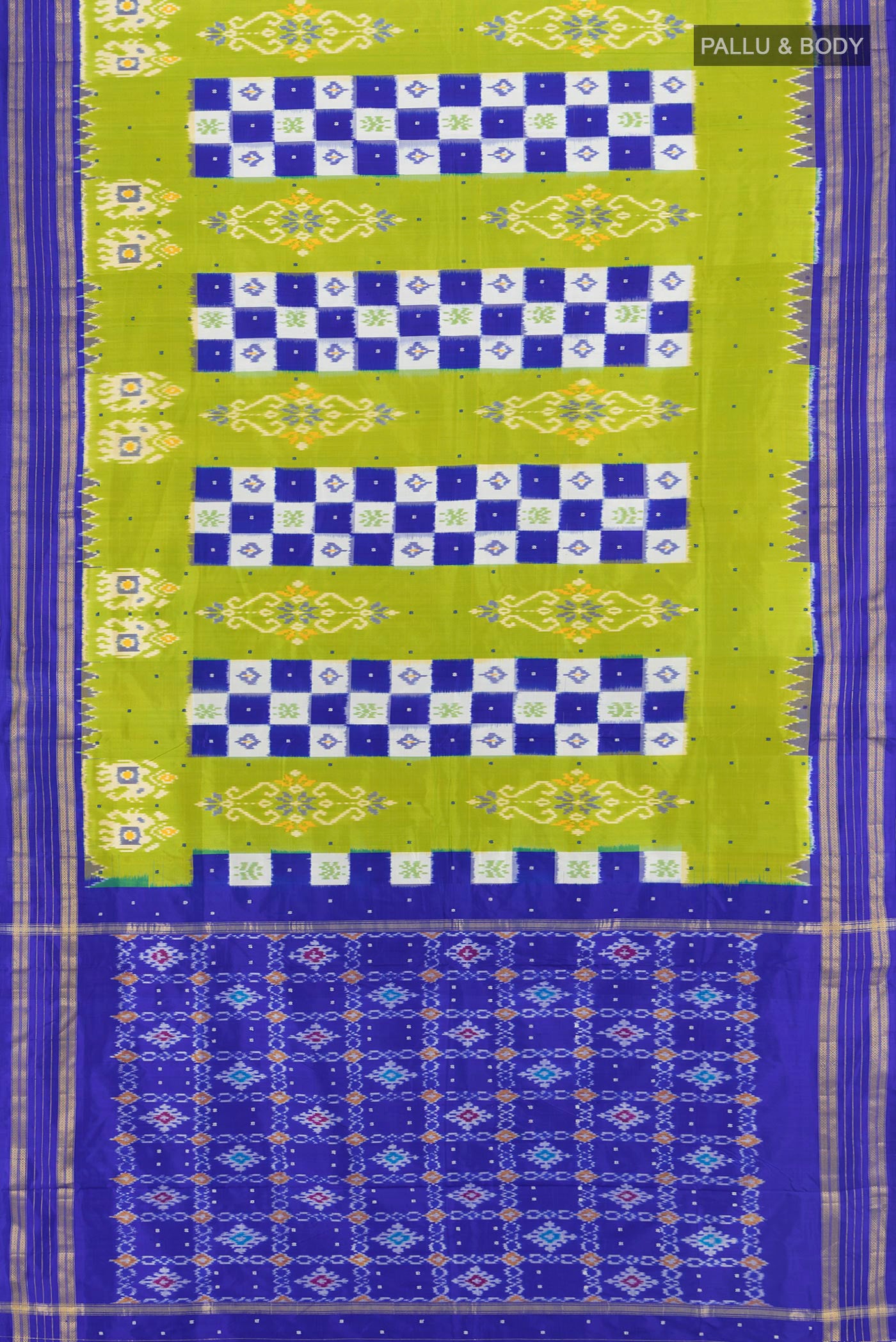 Flat view of Parrot Green Pochampally Silk Saree with Pure Ikat on the body and Zari Border. 