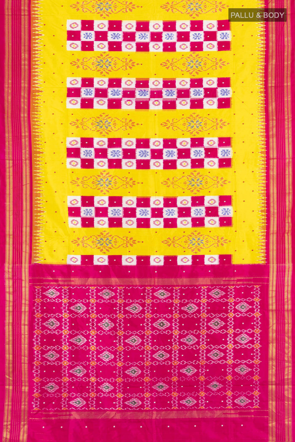 Flat view of Yellow Pochampally Silk Saree with Pure Ikat on the body and Plain Border. 