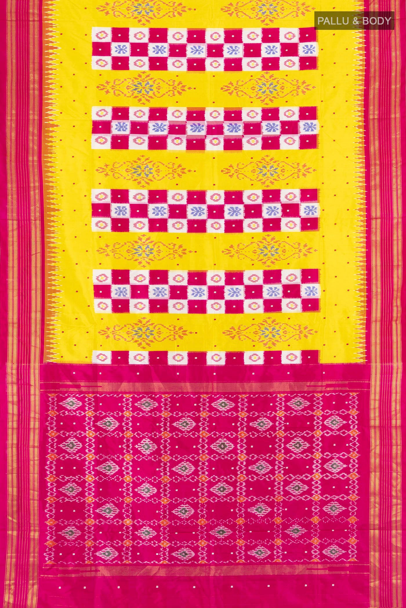 Flat view of Yellow Pochampally Silk Saree with Pure Ikat on the body and Plain Border. 