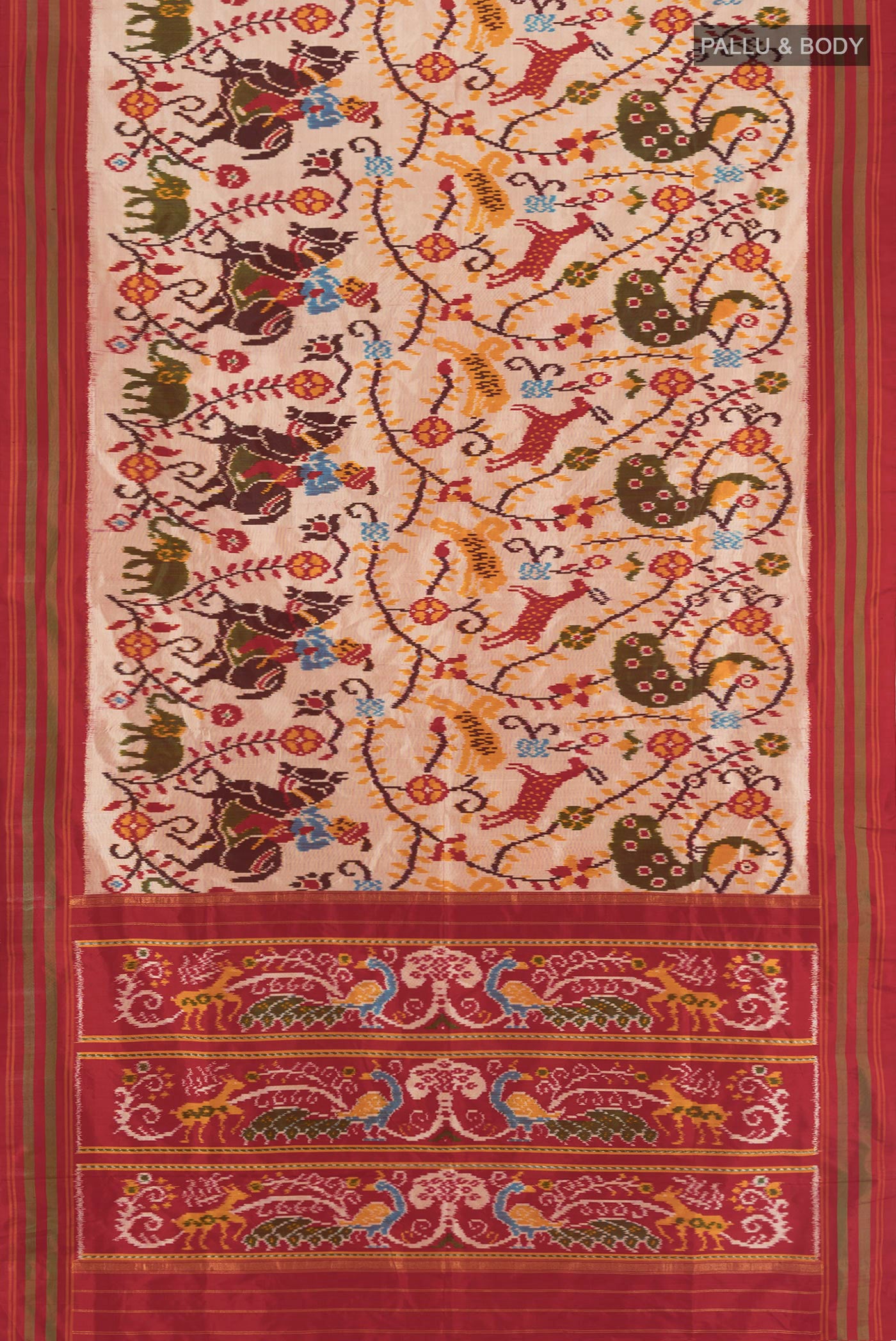 Flat view of Golden Peach Pochampally Silk Saree with Pure Ikat on the body and Plain Border. 