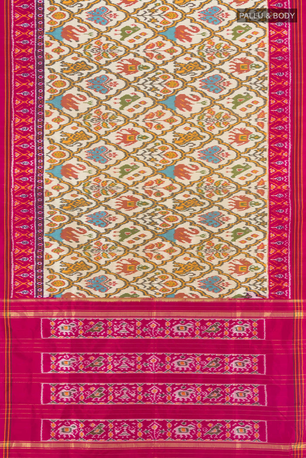 Flat view of Cream Pochampally Silk Saree with Pure Ikat on the body and Ikat Border. 
