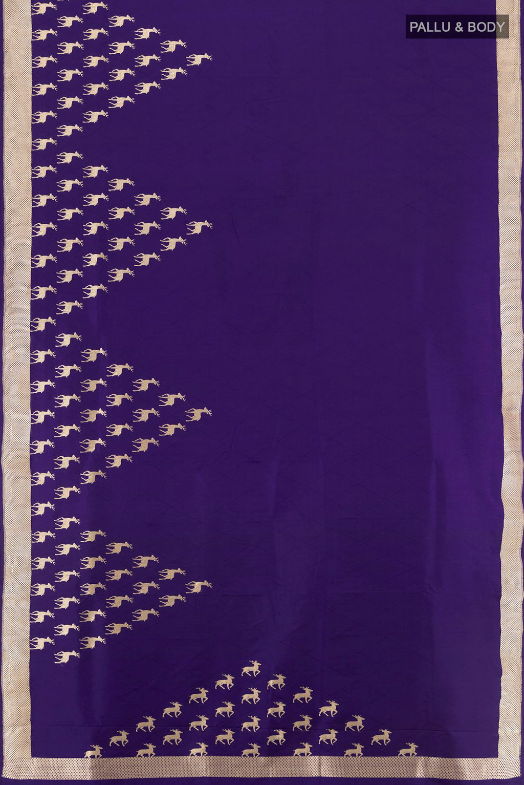 Flat view of Navy Blue Banarasi Katan Silk Saree with Plain Body and Zari Border. 