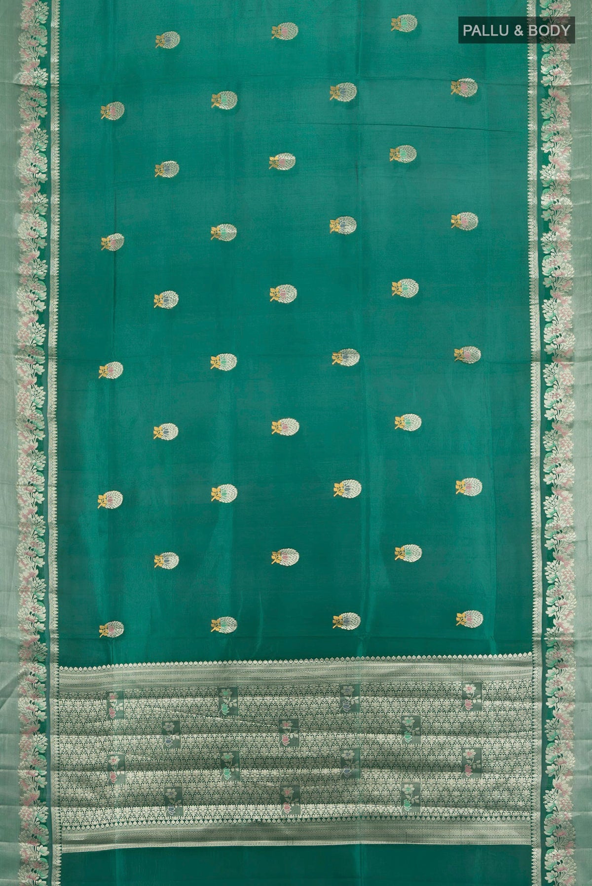 Flat view of Pure Silk Green Banarasi Raw Saree with Zari Butta on the body and Zari Border. 
