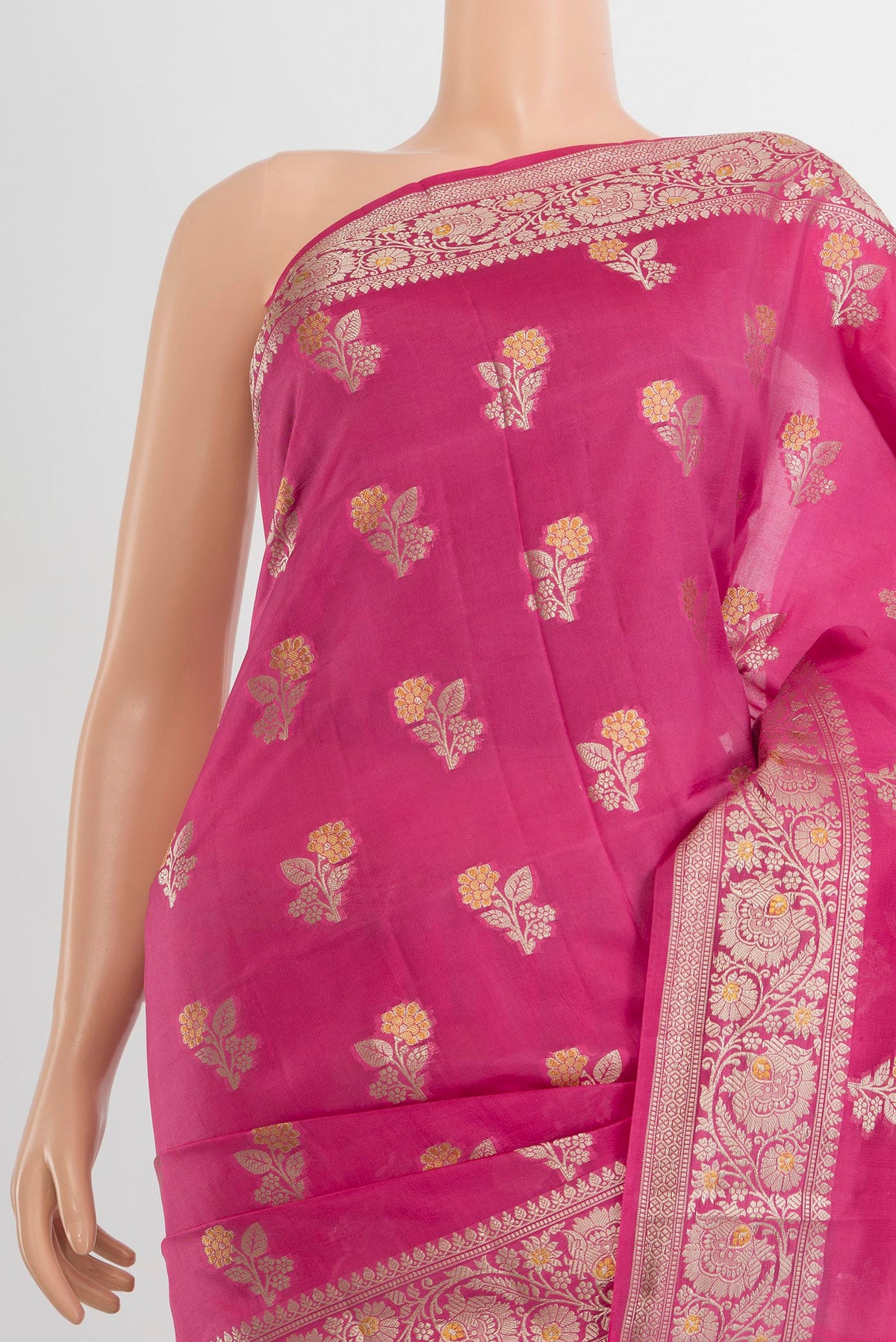 Border image of Pure Silk Rose pink Banarasi Raw Saree with Zari Butta on the body and Silk Border. 