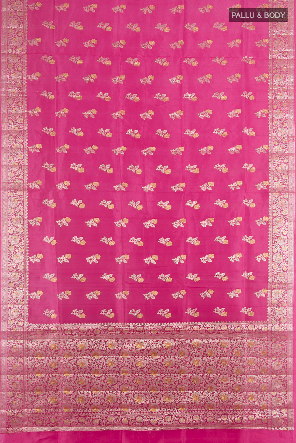 Flat view of Pure Silk Rose pink Banarasi Raw Saree with Zari Butta on the body and Silk Border. 