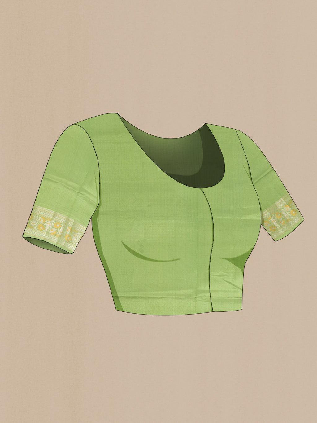 Close up image of the blouse of Pista Green Banarasi Raw Silk Saree with Zari Butta on the body and Zari Border. 