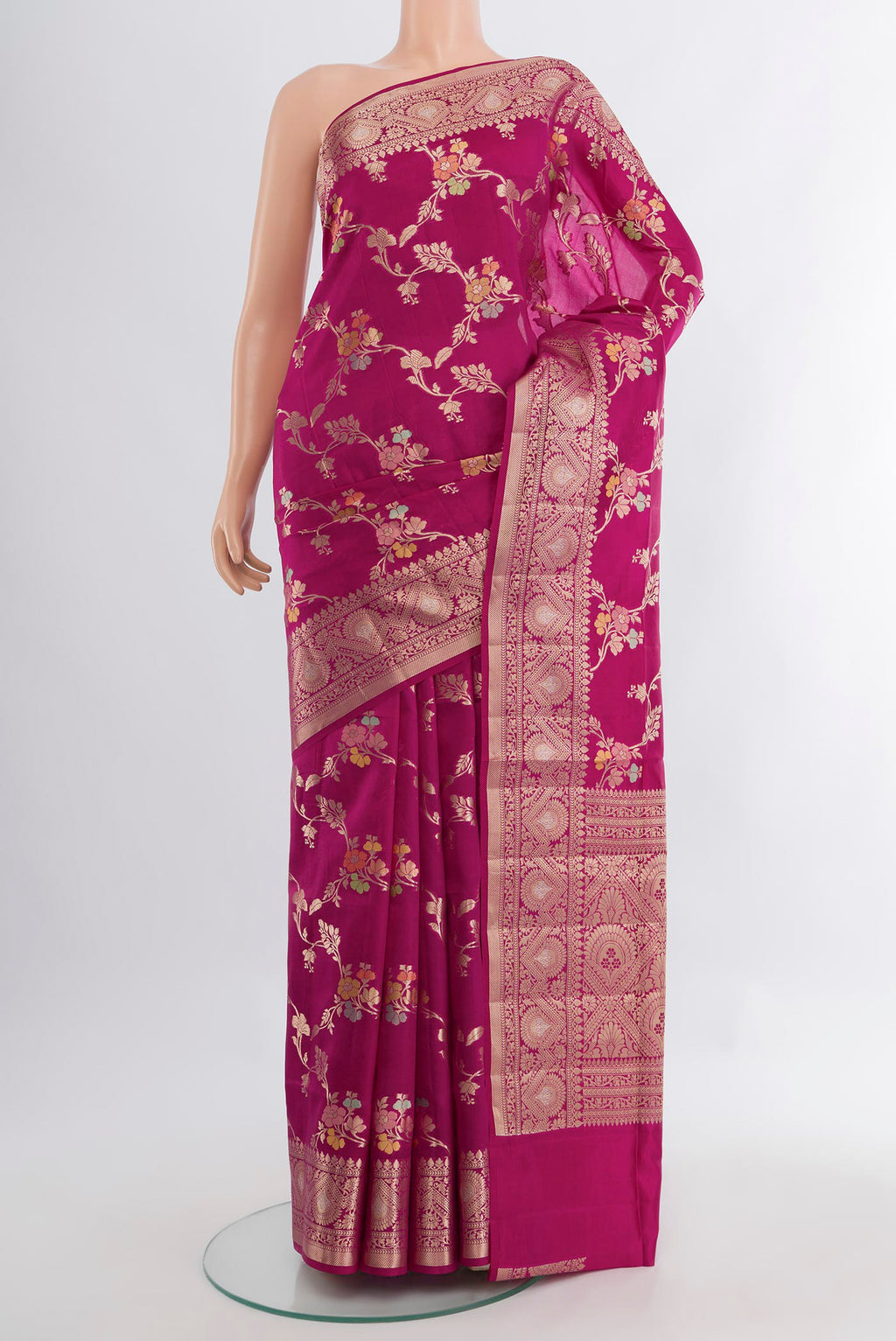Purple Banarasi Raw Silk Saree with Zari Butta on the body and Silk Border.  displayed on a mannequin