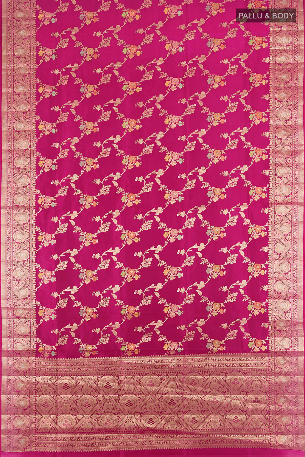 Flat view of Purple Banarasi Raw Silk Saree with Zari Butta on the body and Silk Border. 