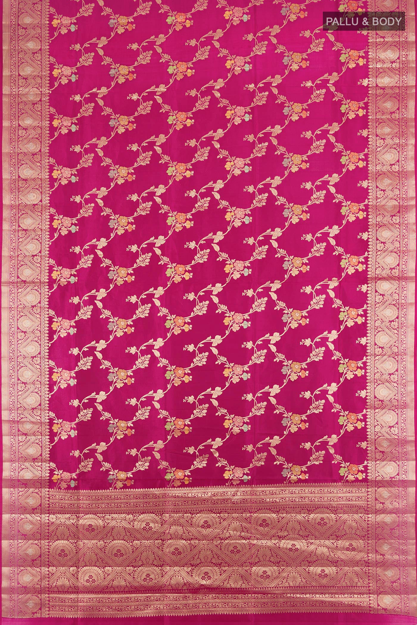 Flat view of Purple Banarasi Raw Silk Saree with Zari Butta on the body and Silk Border. 