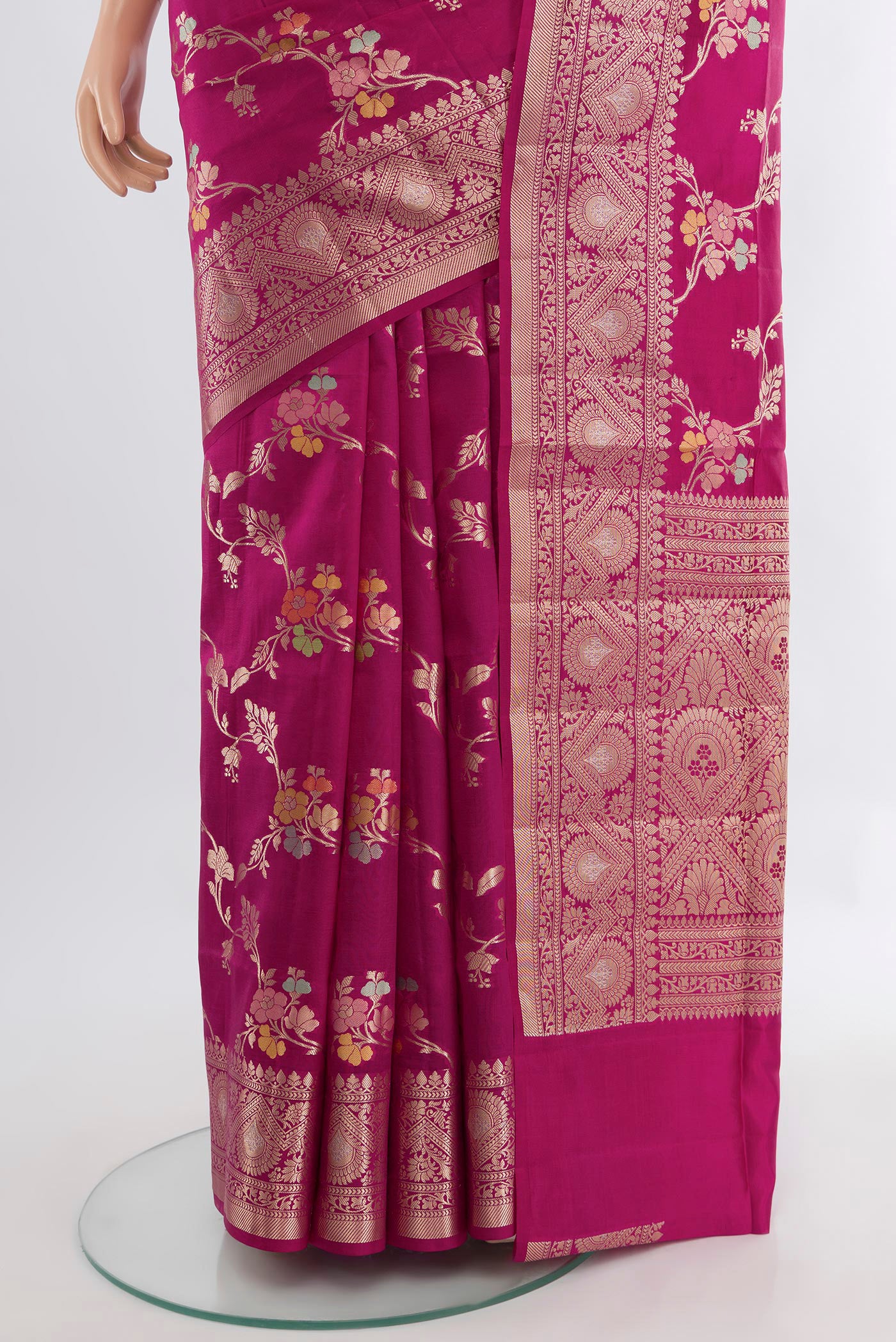 Pleats and pallu of Purple Banarasi Raw Silk Saree with Zari Butta on the body and Silk Border. 