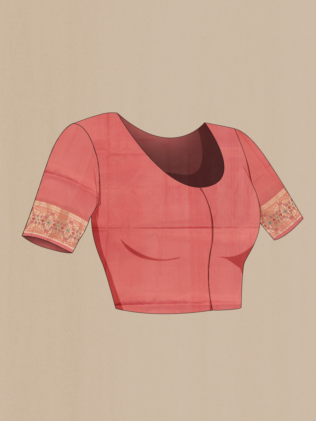 Close up image of the blouse of Coral Banarasi Raw Silk Saree with Zari Butta on the body and Zari Border. 