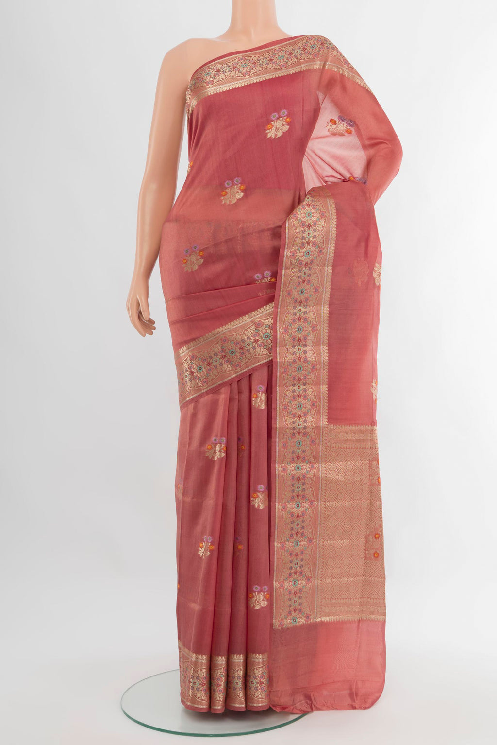 Coral Banarasi Raw Silk Saree with Zari Butta on the body and Zari Border.  displayed on a mannequin