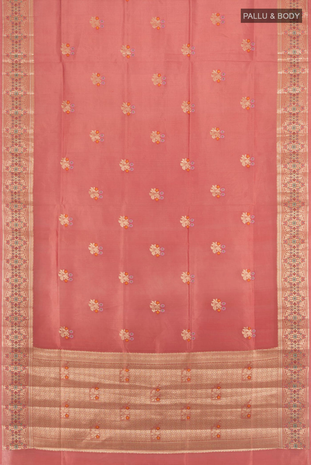 Flat view of Coral Banarasi Raw Silk Saree with Zari Butta on the body and Zari Border. 