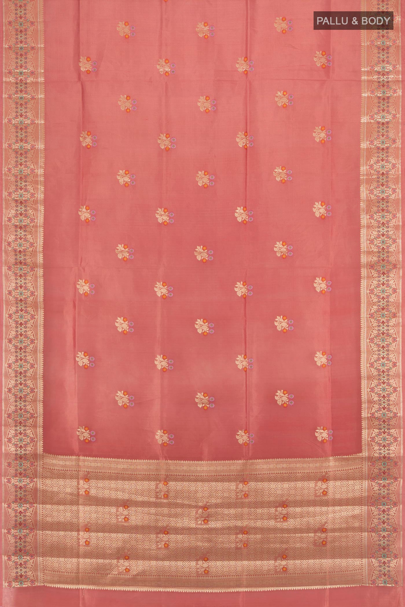 Flat view of Coral Banarasi Raw Silk Saree with Zari Butta on the body and Zari Border. 
