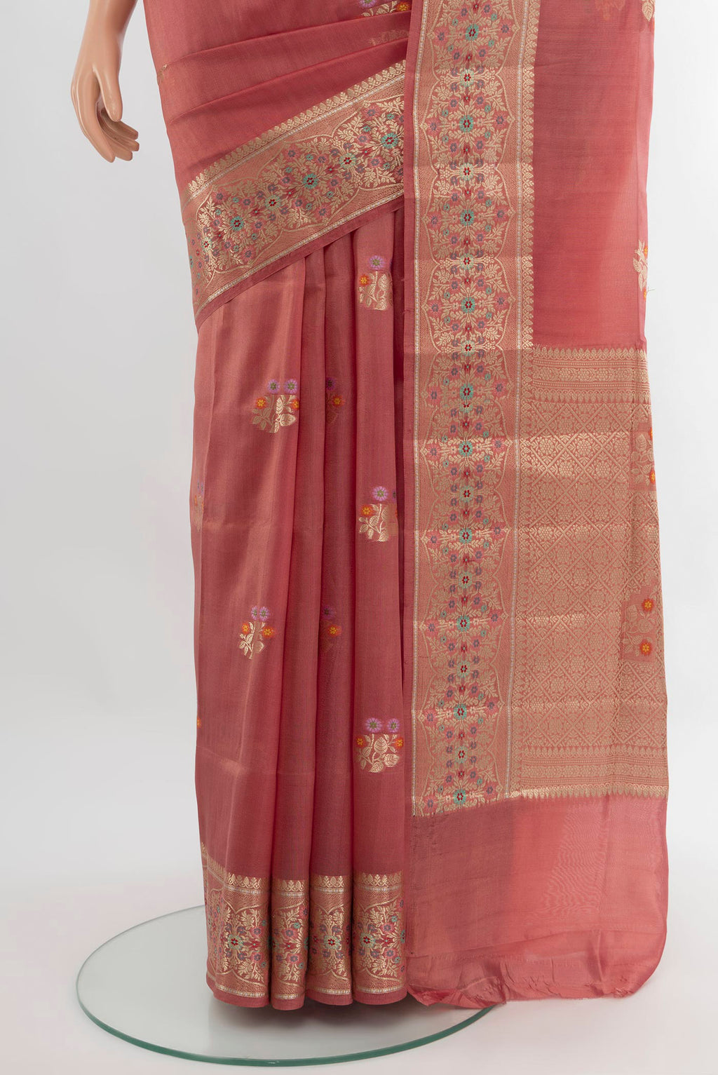 Pleats and pallu of Coral Banarasi Raw Silk Saree with Zari Butta on the body and Zari Border. 