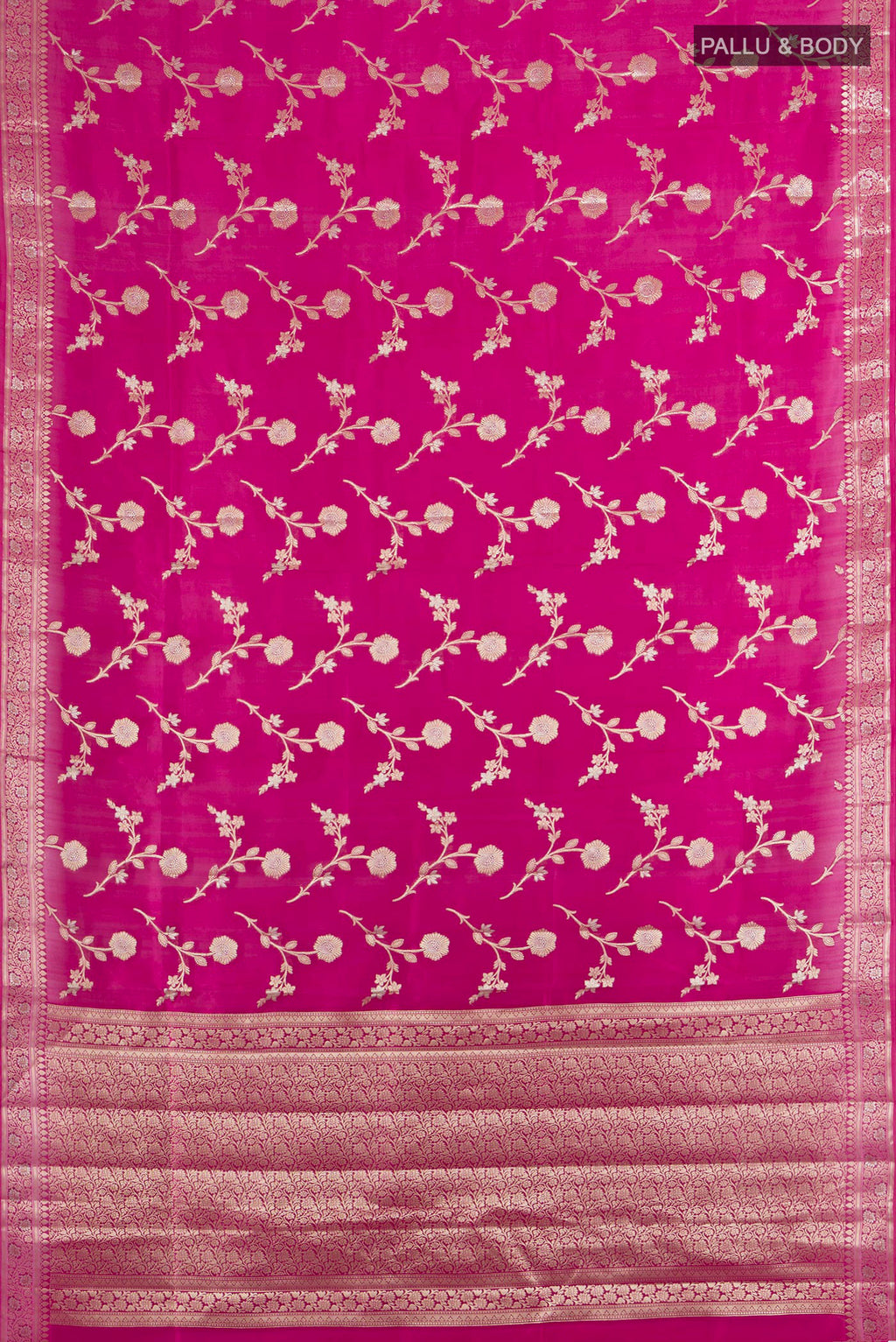 Flat view of Pure Silk Magenta Banarasi Raw Saree with Zari Butta on the body and Silk Border. 