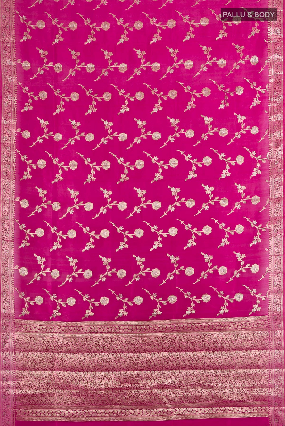 Flat view of Pure Silk Magenta Banarasi Raw Saree with Zari Butta on the body and Silk Border. 