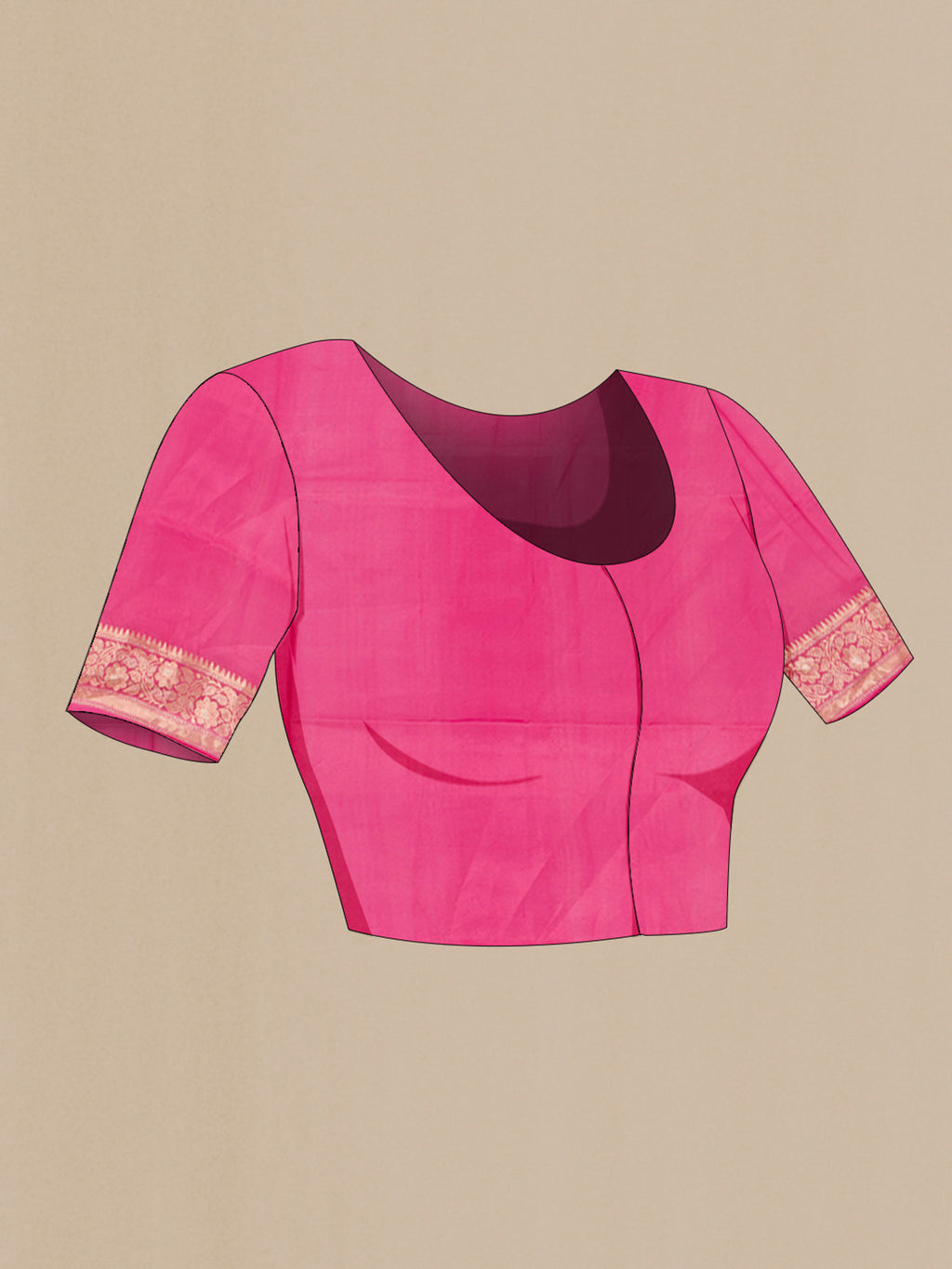 Close up image of the blouse of Rose pink Banarasi Raw Silk Saree with Zari Butta on the body and Zari Border. 