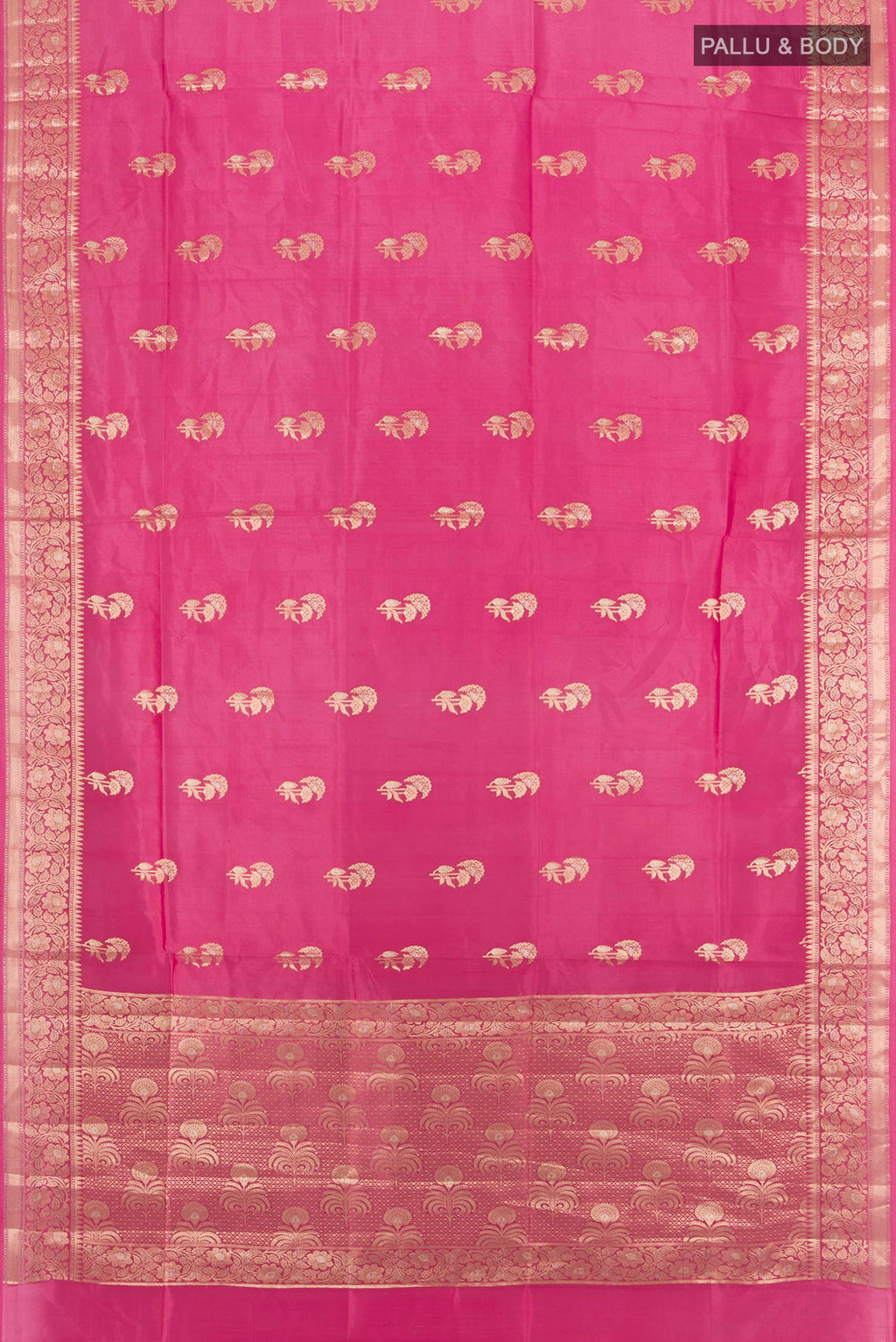 Flat view of Rose pink Banarasi Raw Silk Saree with Zari Butta on the body and Zari Border. 