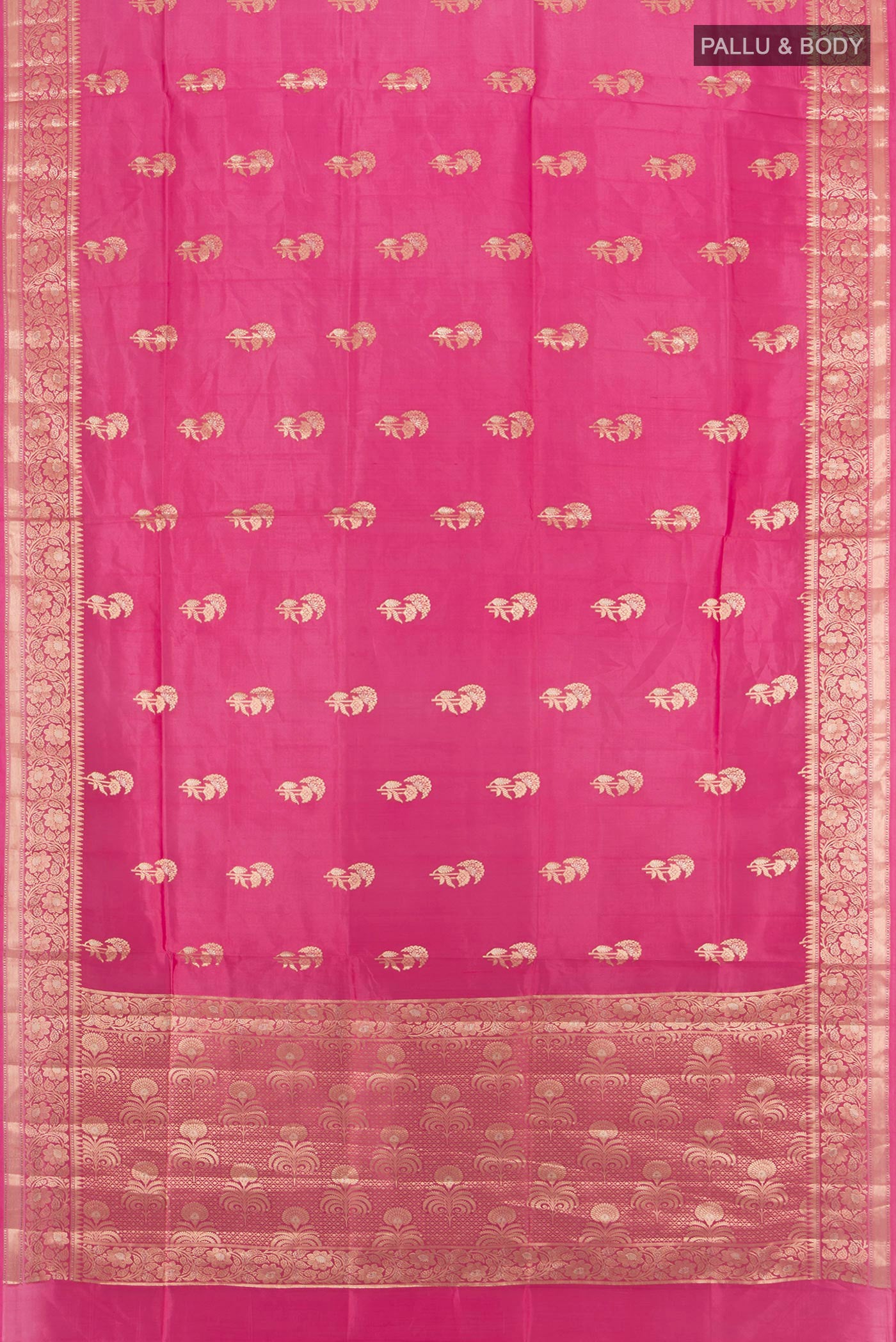 Flat view of Rose pink Banarasi Raw Silk Saree with Zari Butta on the body and Zari Border. 