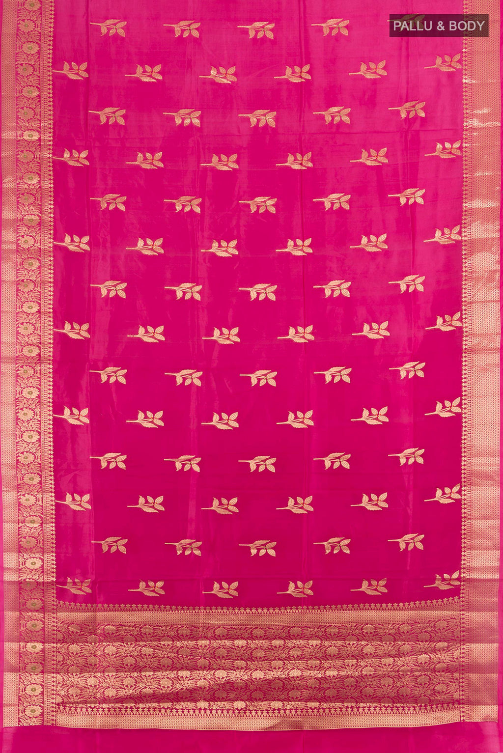 Flat view of Rani Pink Banarasi Raw Silk Saree with Zari Butta on the body and Zari Border. 
