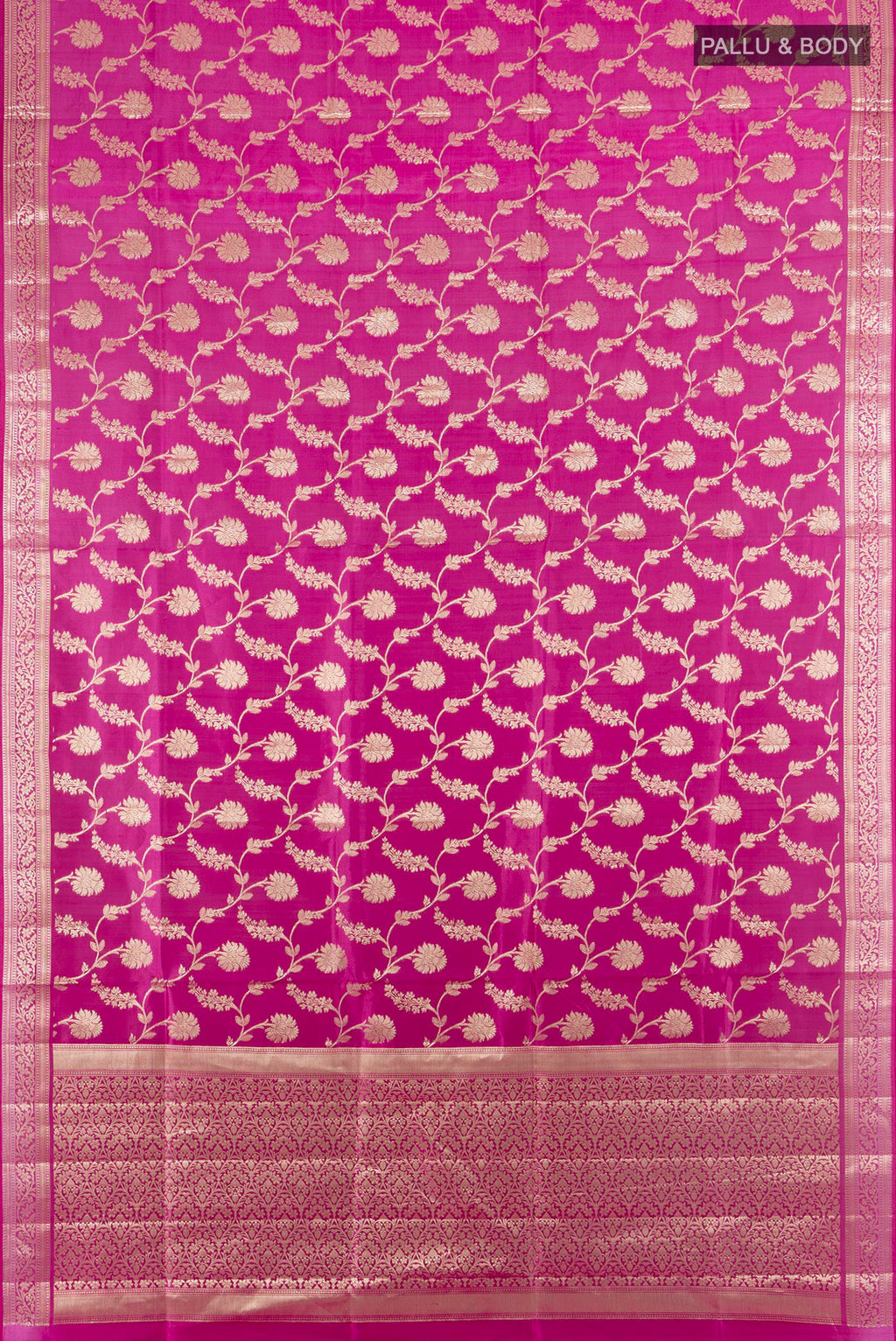 Flat view of Pure Silk Magenta Banarasi Raw Saree with Zari Butta on the body and Zari Border. 