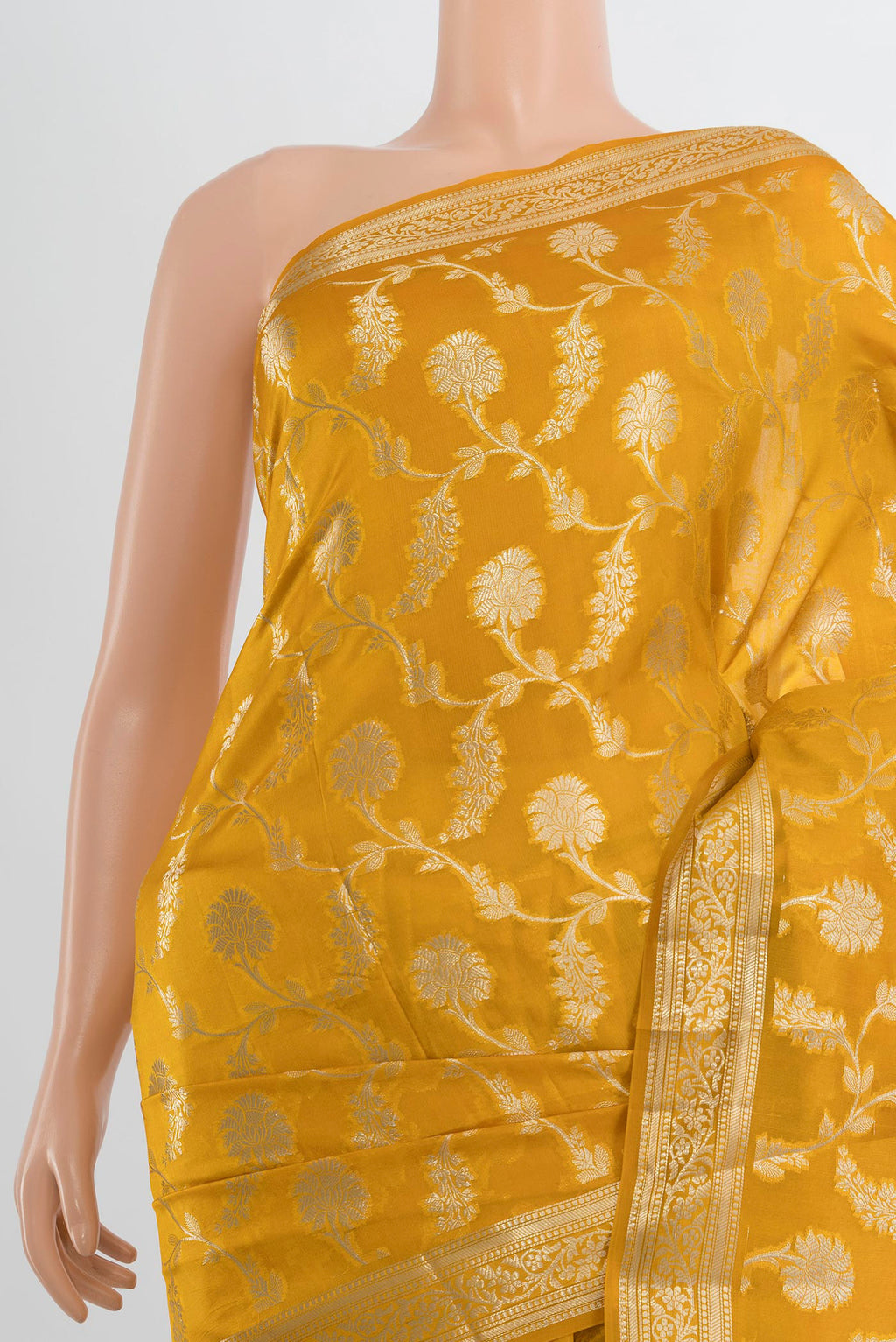 Border image of Pure Silk Mustard Banarasi Raw Saree with Zari Butta on the body and Silk Border. 