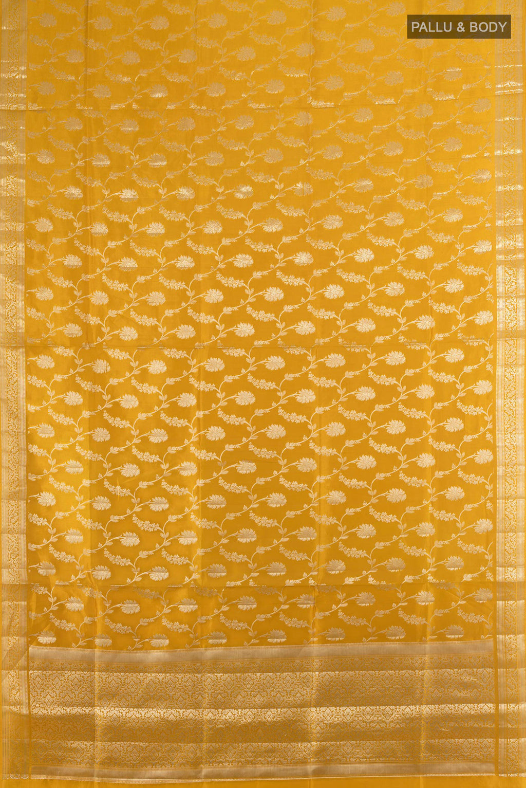 Flat view of Pure Silk Mustard Banarasi Raw Saree with Zari Butta on the body and Silk Border. 