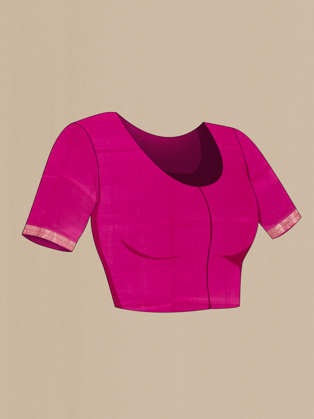 Close up image of the blouse of Magenta Banarasi Raw Silk Saree with Zari Butta on the body and Zari Border. 
