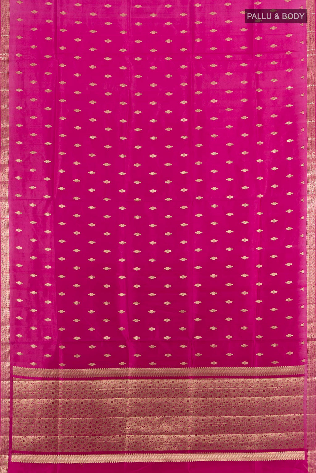 Flat view of Magenta Banarasi Raw Silk Saree with Zari Butta on the body and Zari Border. 