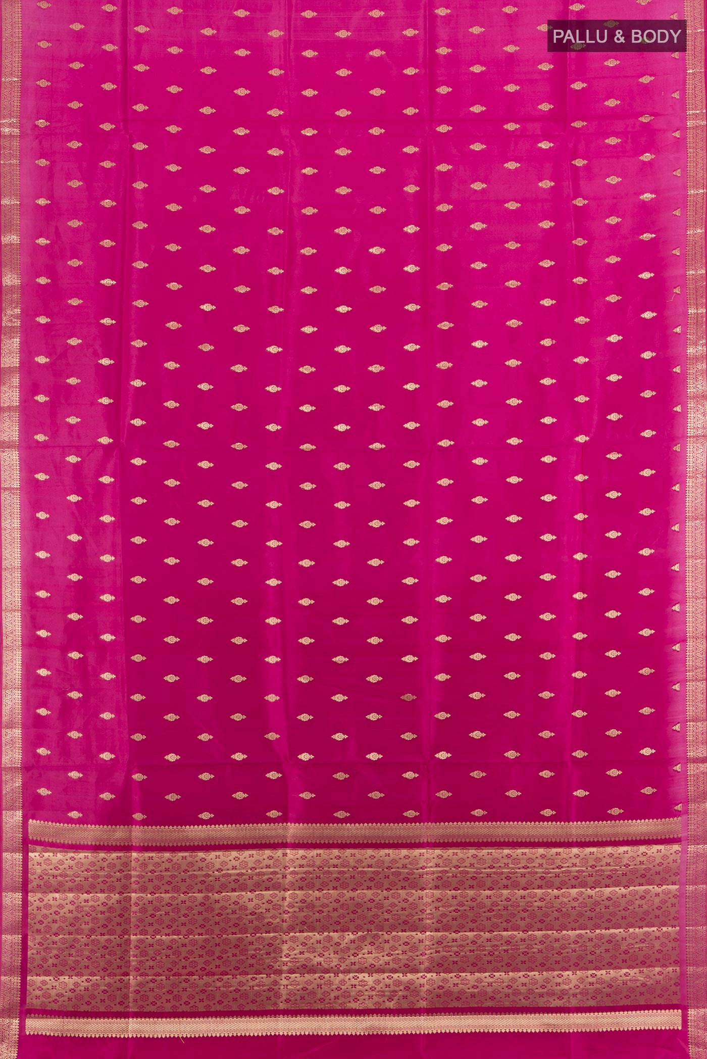 Flat view of Magenta Banarasi Raw Silk Saree with Zari Butta on the body and Zari Border. 