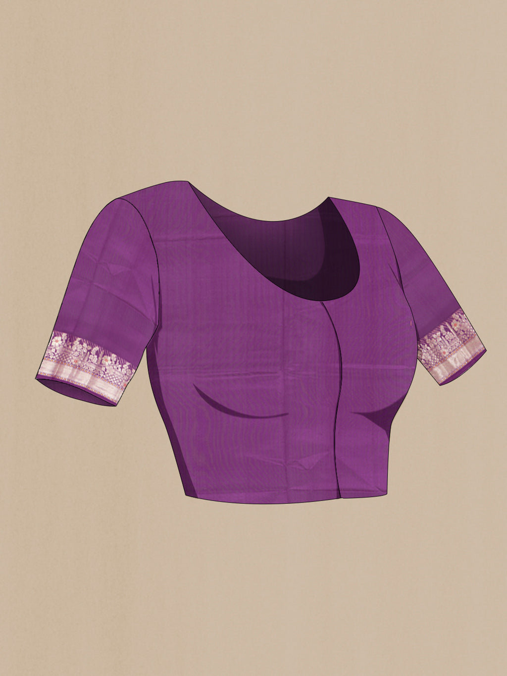 Close up image of the blouse of Violet Banarasi Raw Silk Saree with Zari Butta on the body and Silk Border. 