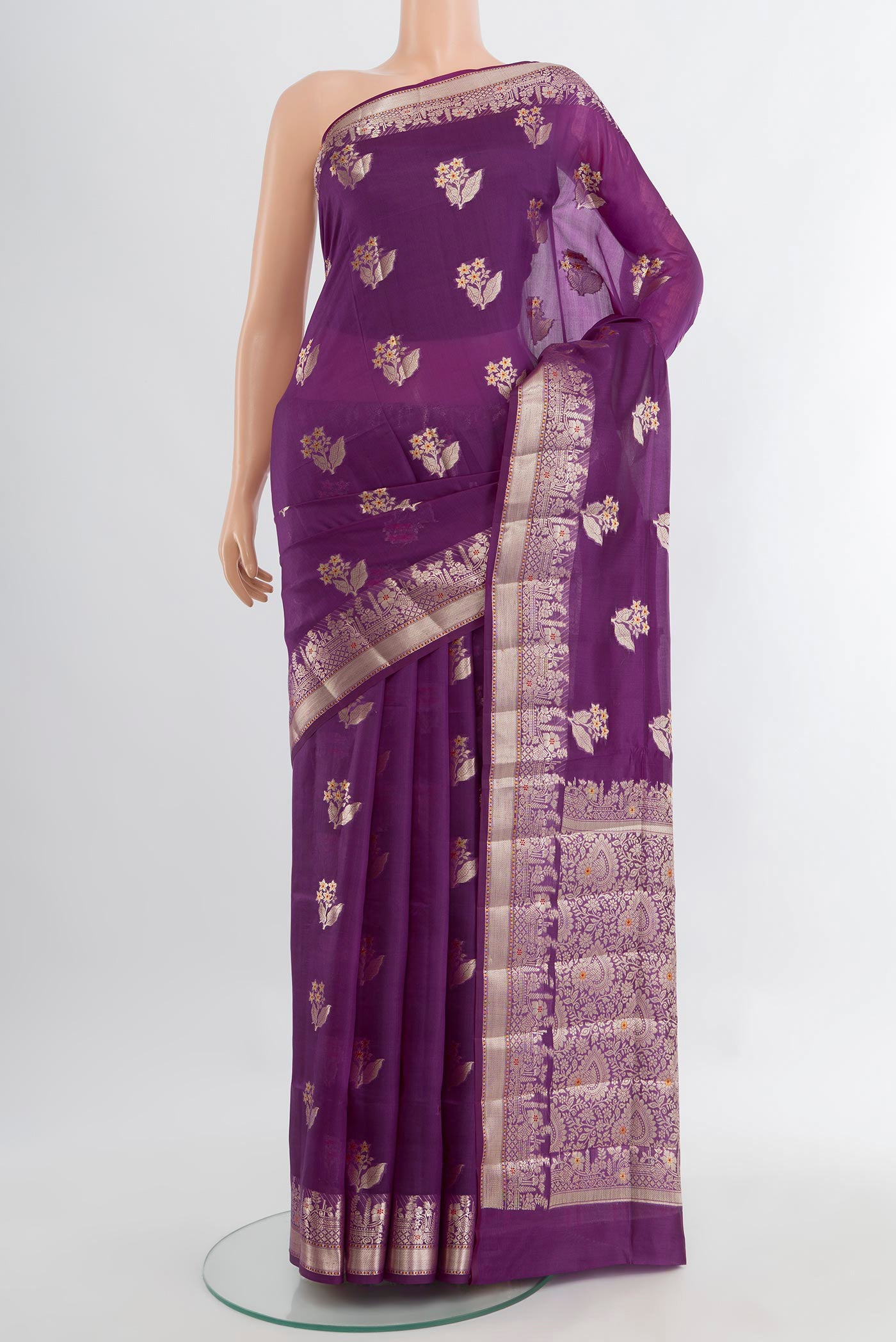 Violet Banarasi Raw Silk Saree with Zari Butta on the body and Silk Border.  displayed on a mannequin