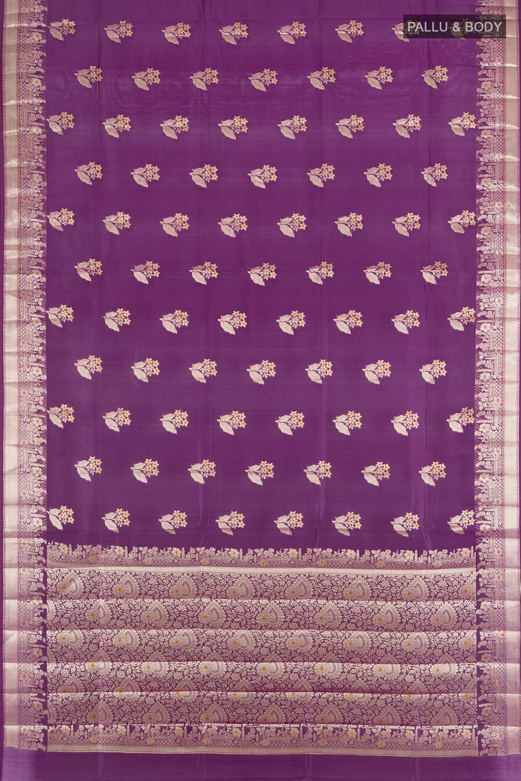 Flat view of Violet Banarasi Raw Silk Saree with Zari Butta on the body and Silk Border. 