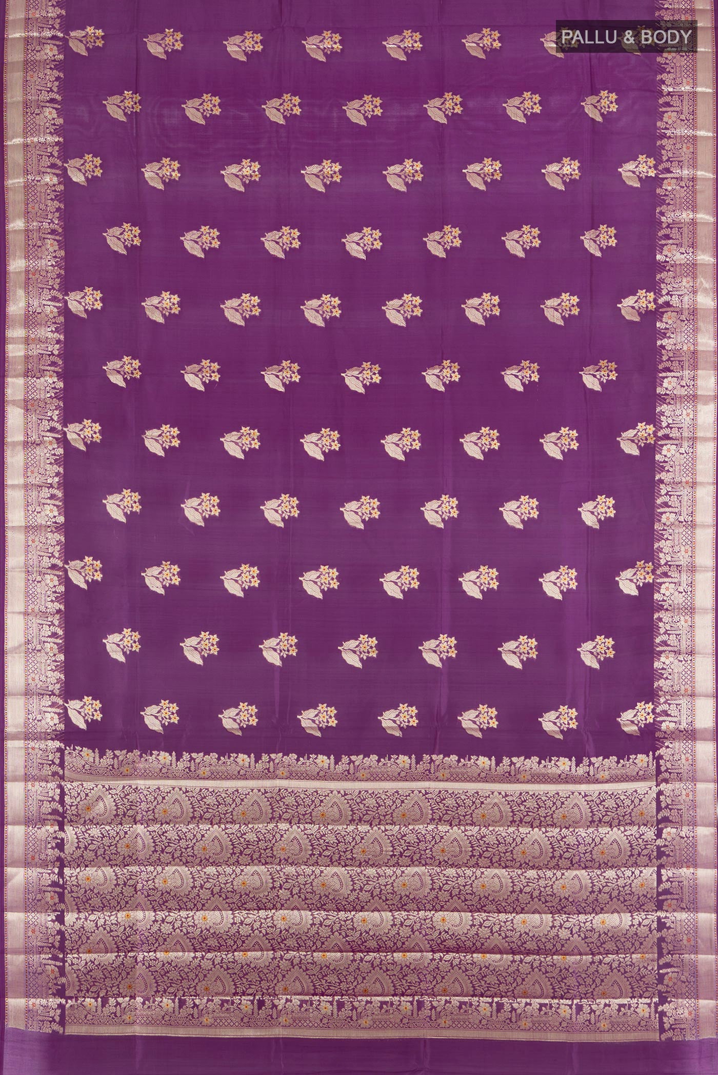 Flat view of Violet Banarasi Raw Silk Saree with Zari Butta on the body and Silk Border. 