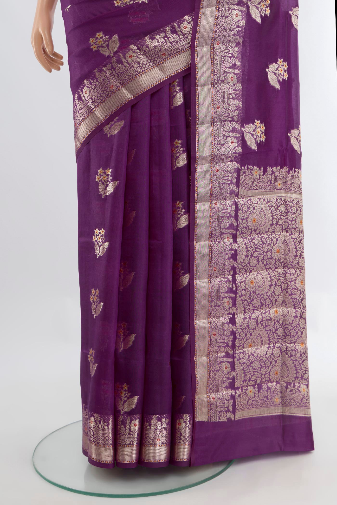 Pleats and pallu of Violet Banarasi Raw Silk Saree with Zari Butta on the body and Silk Border. 